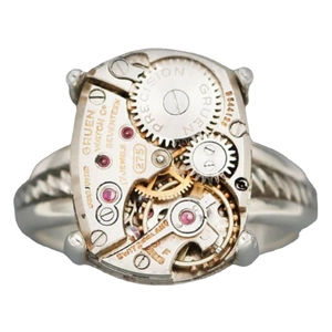 Vintage mechanical watch movement ring with 17 jewels and silver gears for men
