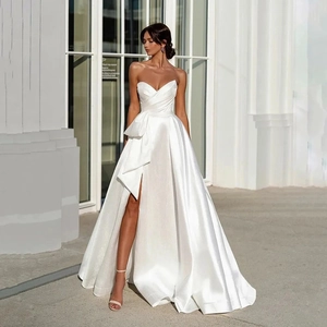 Satin Wedding Dress Sweetheart Neckline Side Slit Bow Detail Floor Length Elegant Bridal Gown White