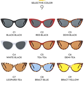 Collection of nine colorful cat eye sunglasses displayed in a 3x3 professional grid layout