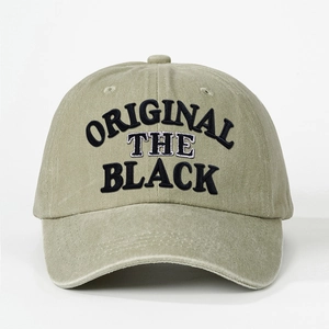Adjustable washed cotton baseball cap featuring ORIGINAL THE BLACK embroidery in khaki