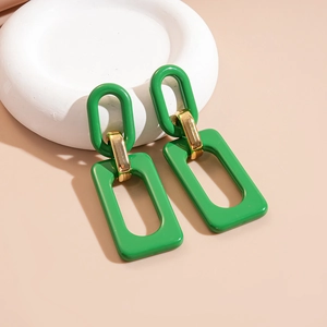 Fashionable grass green rectangular acrylic drop earrings with elegant golden metal links