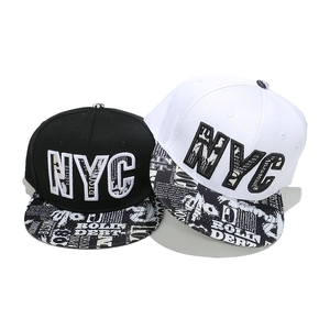 Flat brim NYC snapback hats in black and white with graffiti print embroidery design