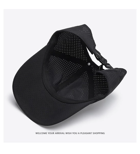 Detail view of the black quick-dry sport cap with breathable mesh and adjustable buckle