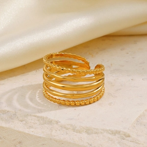 Multi Layer Beaded Stainless Steel Ring 18K Gold Plated Open Adjustable Minimalist INS Style Fashion Jewelry For Women