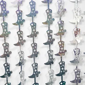 Laser glitter cowboy boot garland with star cutouts for Western party wall decor