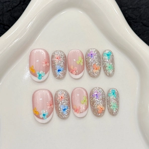 Handmade Press On Nails Pink Translucent White French Tip 3D Colorful Flower Silver Glitter Short Oval Shape Women