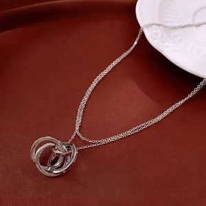 Double-layer silver necklace with a sparkling cubic zirconia interlocking triple-ring pendant