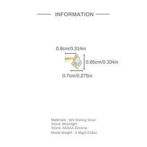 Detailed size specifications for a 925 sterling silver moonstone stud with zircon accents