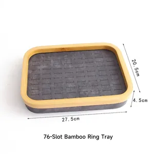 76 Slots bamboo ring display tray with grey microfiber lining for jewelry storage