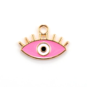 Detail of pink evil eye pendant with enamel eye pattern and gold-plated alloy finish