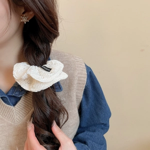 Detail of white lace scrunchie with pleated ruffles and Fashion label on braided hair
