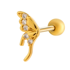 Piercing d'oreille papillon doré serti de zircons avec fermoir à vis à bille