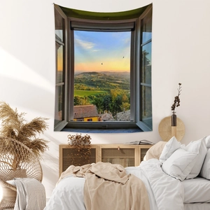 Detailed tapestry showing countryside hills and sunset through a window for wall decoration
