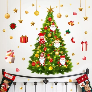 Christmas Tree Wall Sticker Removable PVC Decal Santa Claus Window Cling Festival Home Decoration Waterproof Mural
