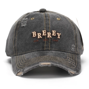 Distressed dark grey washed denim baseball cap with BREREY embroidery and vintage rips