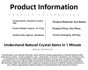 Detailed size and weight chart for 20x30mm egg-shaped natural agate and quartz crystals