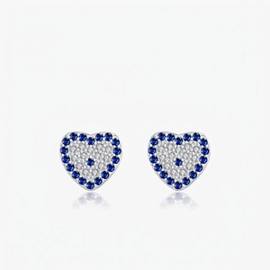 Heart Stud Earrings 925 Sterling Silver With Blue White Zirconia Pave Exquisite Romantic Jewelry For Women