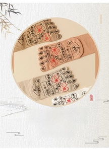 Detailed acupressure map on the sole of five-toe massage socks showing reflexology points