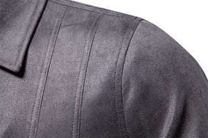 Detailed macro shot of charcoal grey faux suede jacket featuring precision double-row stitching