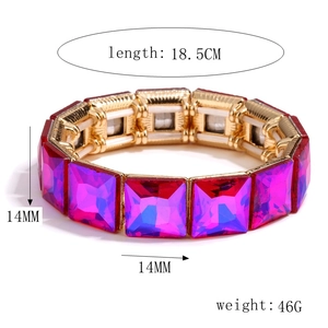Detail view of purple square crystal stretch bracelet with gold base and dimensions