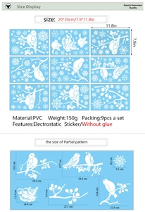 9-sheet set of PVC Christmas static window clings with birds and snowflakes, 20x30cm size