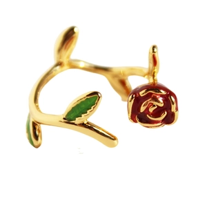 French style red enamel rose flower ring with golden vine and green leaves detail