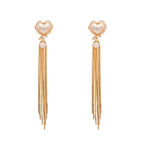 Elegant long fringe heart earrings with faux pearls and sparkling cubic zirconia stones
