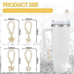 Detail view of gold charm chain sizes for tumblers with butterfly and floral pendants