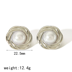 French vintage 18k gold plated pearl stud earrings with twisted metal texture spiral design