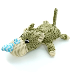 Detail of army green rhino squeaky pet toy showing knit waffle and mesh fabric textures