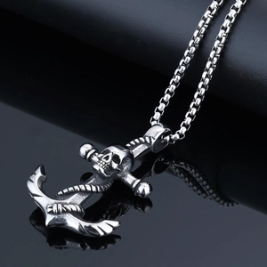 Punk style stainless steel anchor necklace with skull pendant in retro silver finish