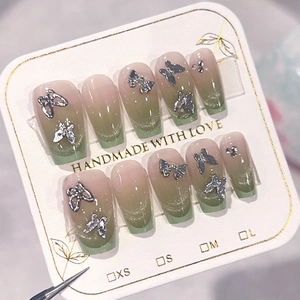 Künstliche Nägel Französisch Hellgrün Katzenauge Farbverlauf Mit 3D Metall Schmetterling Strass Elegante Falsche Nägel