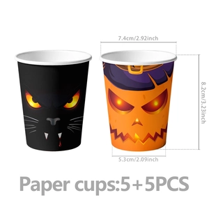 Detailed size specifications for Halloween party paper cups with cat and pumpkin motifs