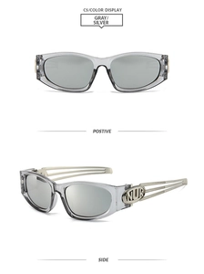 Detail view of square silver mirrored sunglasses with metal cutout temple design