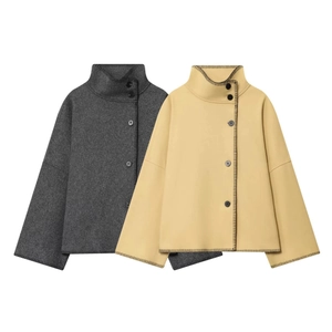 Minimalist high neck wool blend jacket in dark grey and light yellow with resin buttons