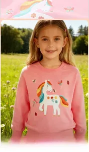 Close-up of rainbow unicorn embroidery and floral details on pink girls' sweatshirt
