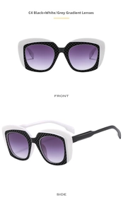 Front and side views of hip-hop sunglasses with black and white grid patterned frames