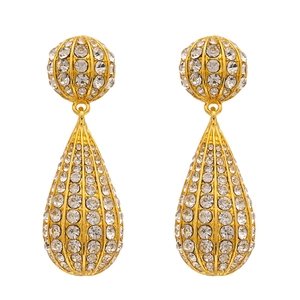 Golden teardrop drop earrings with rhinestones and elegant hollow geometric design