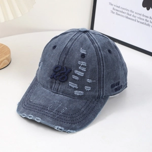 Distressed dark grey washed baseball cap with OK embroidery in vintage American style