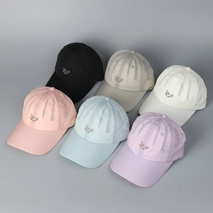Macro shot showing six colors of quick-dry baseball caps with elephant embroidery