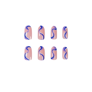 Artistic color block press-on nails with blue and purple wavy lines in long oval shape