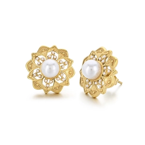 Elegant gold flower stud earrings with white pearl center for women in stainless steel