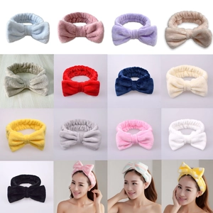 Soft plush bow headbands in various solid colors and patterns for face washing
