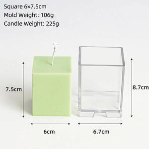 Macro view of square plastic candle mold with 7.5cm green cube wax candle dimensions