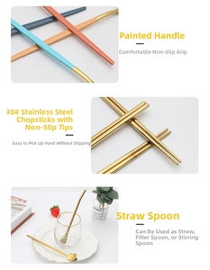 Detail of 304 stainless steel cutlery set showing anti-slip chopsticks and straw spoon