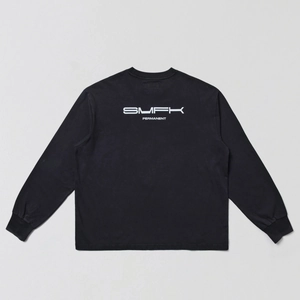 Close-up of SMFK logo and Permanent text print on black cotton long sleeve t-shirt