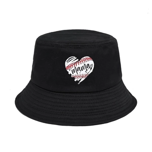 Mama Heart Baseball Print Bucket Hat Cotton Canvas Retro Casual Outdoor Sun Protection Round Top Hat For Women