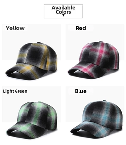 Detailed grid view of plaid baseball caps in yellow, red, green, and blue check patterns