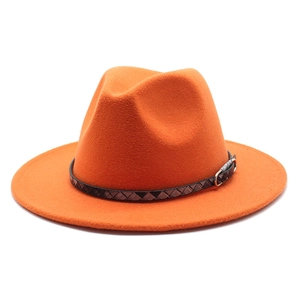 Detail of orange wool fedora with woven leather band and silver metal buckle closure