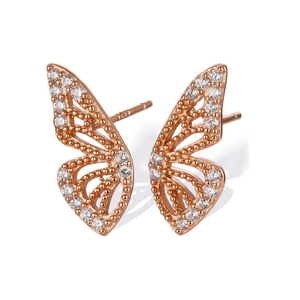 Elegant rose gold butterfly stud earrings in S925 silver with sparkling zircon stones